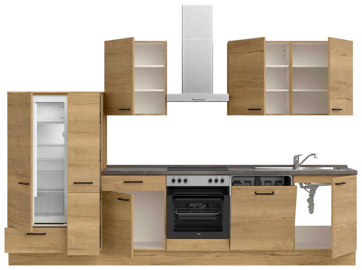 KÜCHENBLOCK 330 cm   in Eichefarben, Schieferfarben  - Schieferfarben/Eichefarben, MODERN, Holzwerkstoff/Metall (330cm) - Nobilia