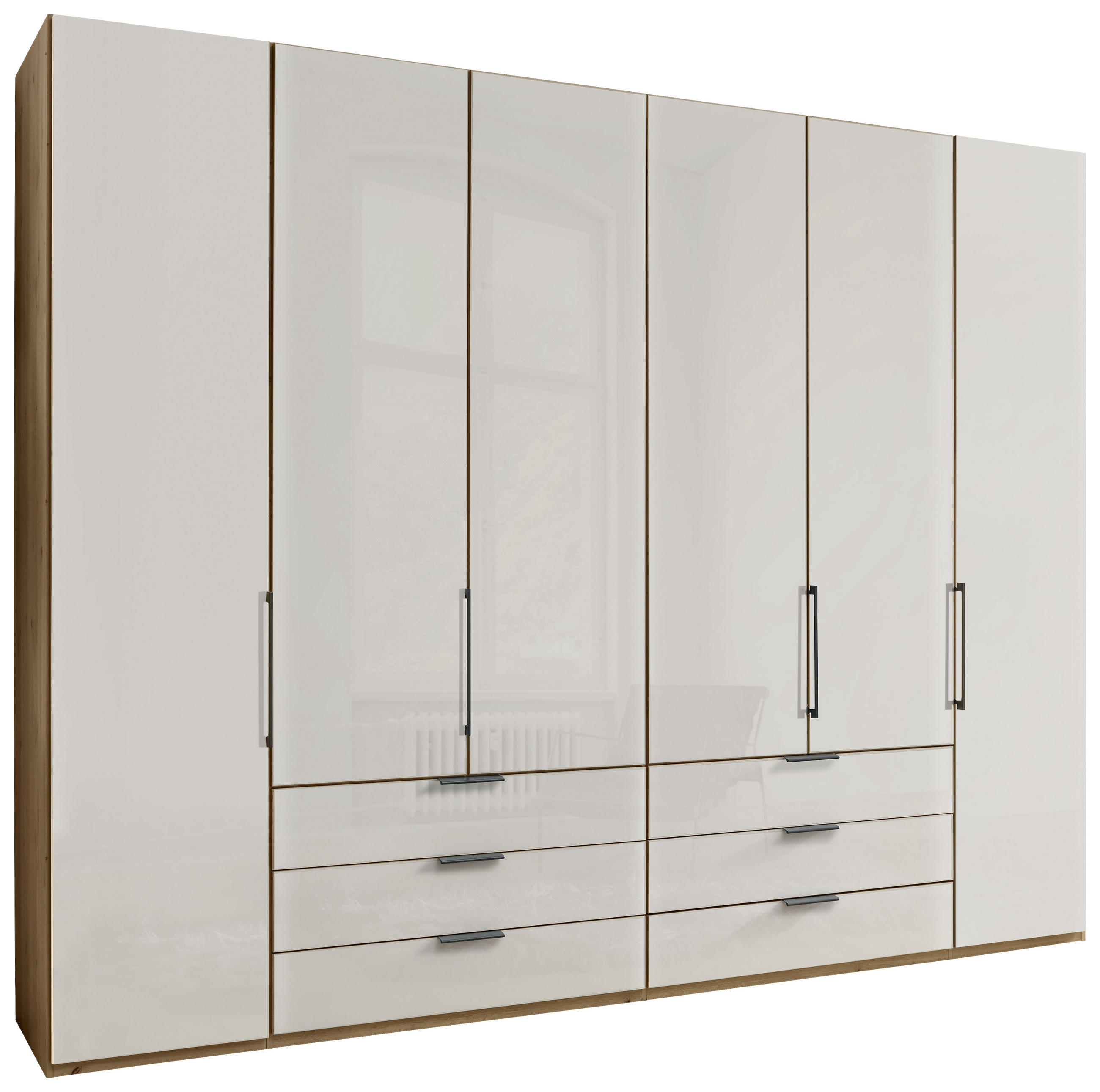DREHTÜRENSCHRANK 6-türig Champagner, Eiche Bianco - Schieferfarben/Eiche Bianco, KONVENTIONELL, Glas/Holzwerkstoff (300/216/58cm) - Dieter Knoll