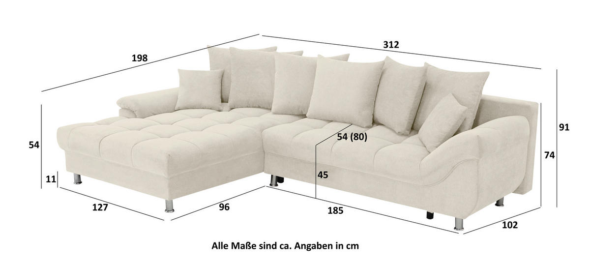 ECKSOFA in Flachgewebe, Mikrofaser Creme  - Chromfarben/Creme, Design, Kunststoff/Textil (198/312cm) - Livetastic