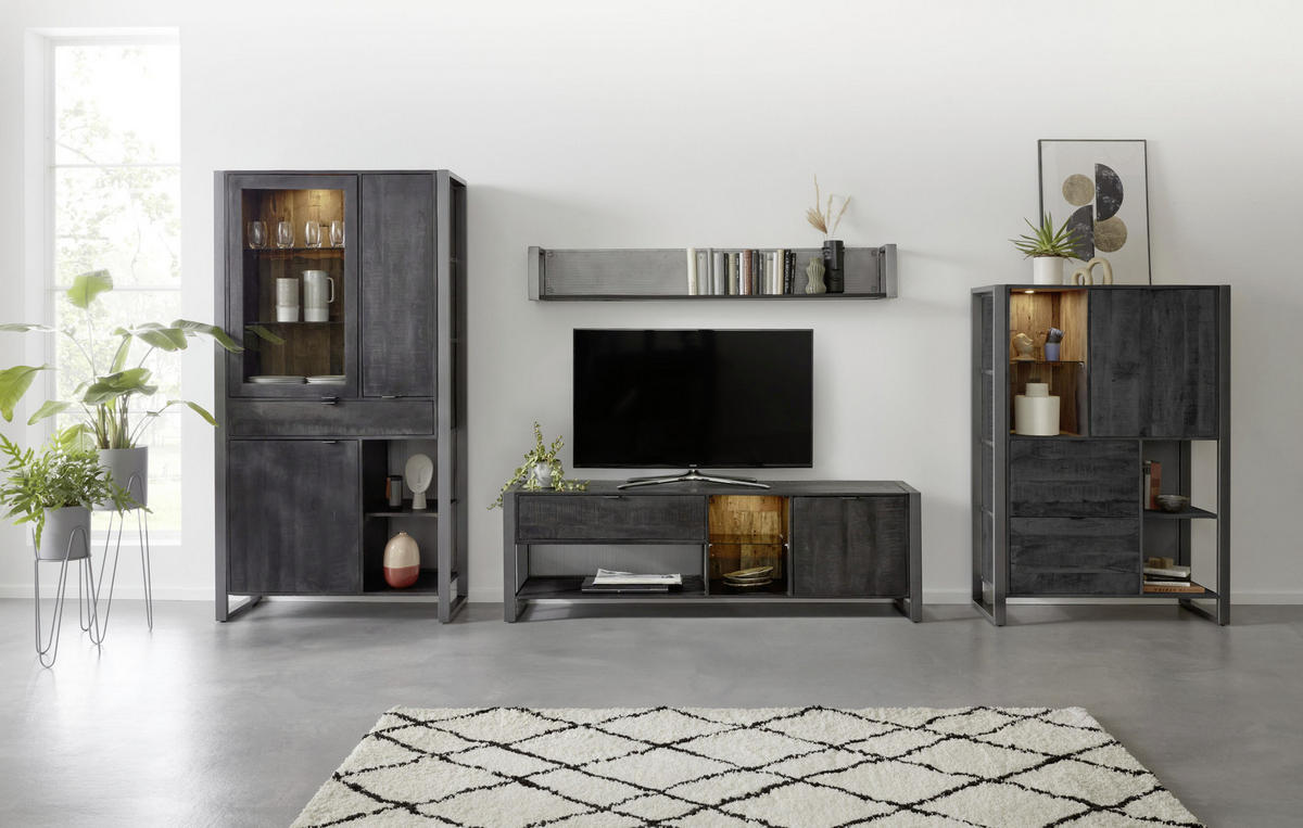 VITRINE in vollmassiv Mangoholz Schwarz  - Transparent/Anthrazit, Basics, Glas/Holz (104/200/40cm) - Livetastic