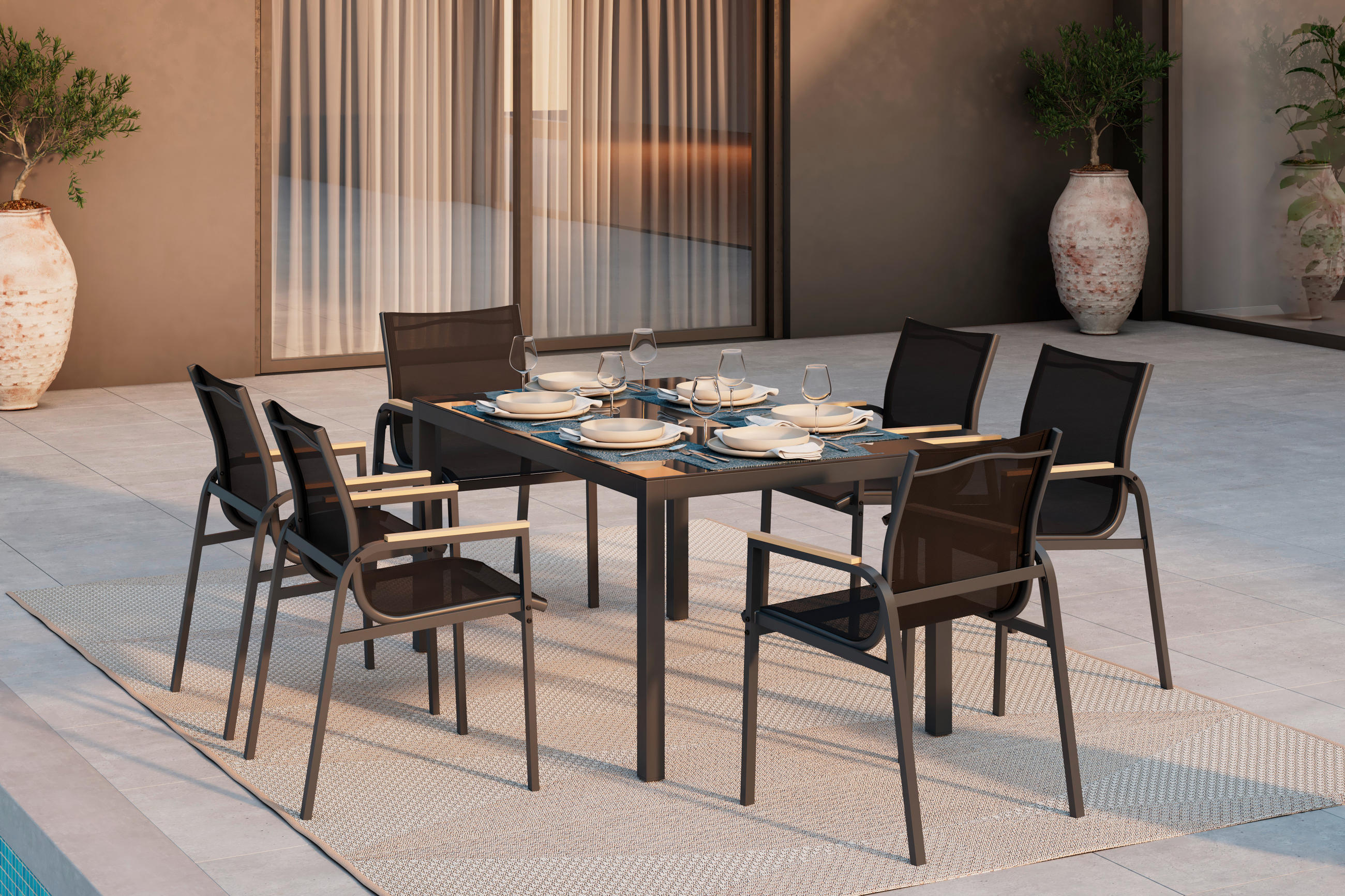 GARTENTISCHGRUPPE beschichtet Stahl  - Dunkelgrau/Naturfarben, MODERN, Glas/Kunststoff (150/75.5/90cm) - Ambia Garden