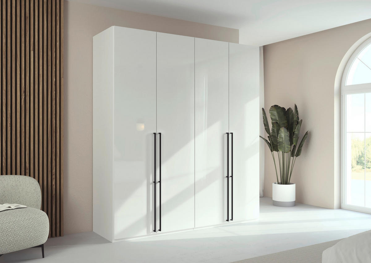 DREHTÜRENSCHRANK 201/235/61 cm,  in Weiß, Weiß Hochglanz, 4-türig  - Weiß Hochglanz/Schwarz, Basics, Holzwerkstoff/Metall (201/235/61cm) - Novel