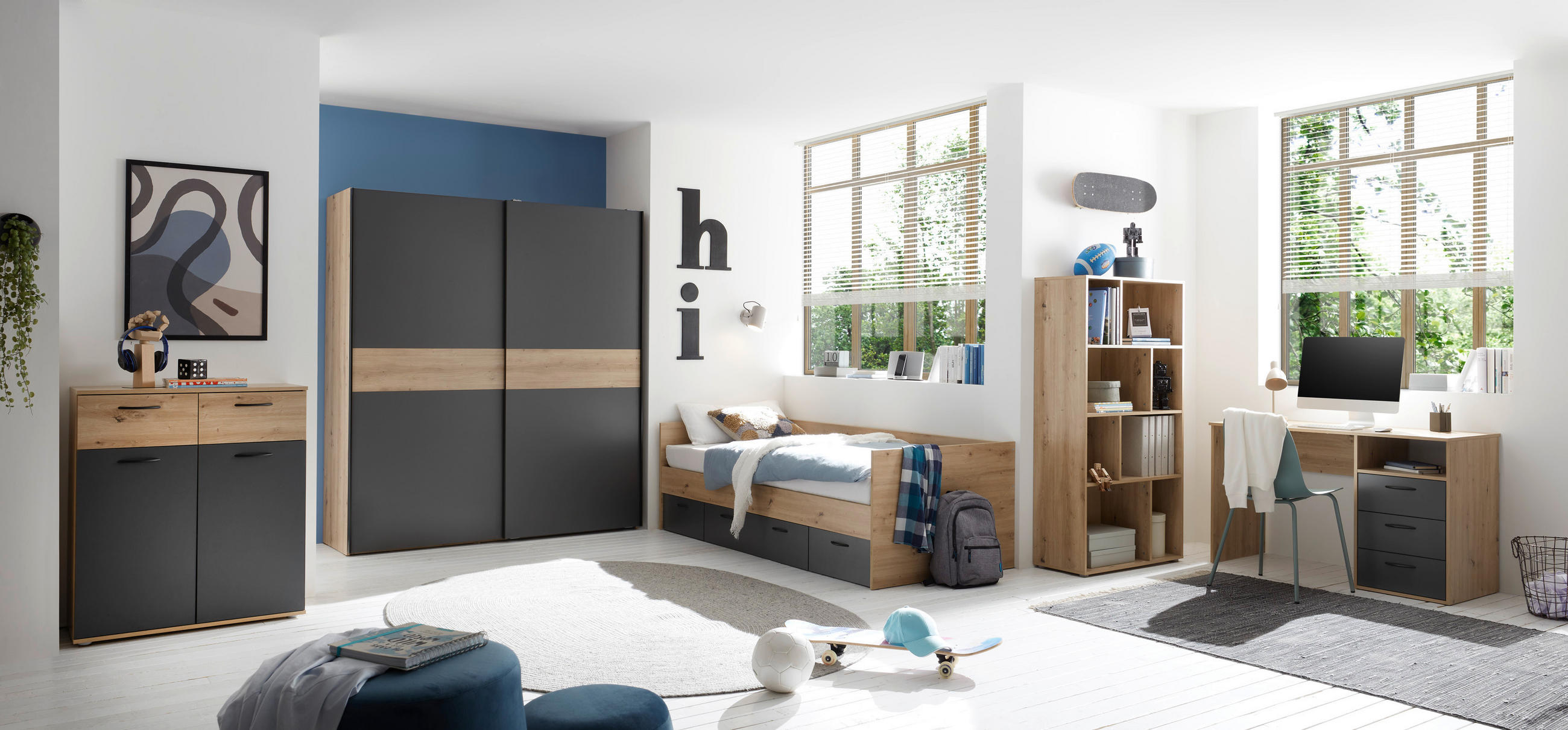 BETT 90/200 cm Graphitfarben, Eiche Artisan  - Graphitfarben/Eiche Artisan, KONVENTIONELL (90/200cm) - Boxxx
