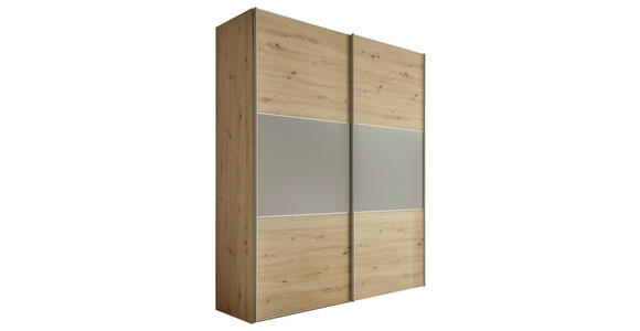 SCHWEBETÜRENSCHRANK in Hellgrau, Eiche Artisan - Hellgrau/Alufarben, Holzwerkstoff/Metall (188/222/68cm) - Moderano
