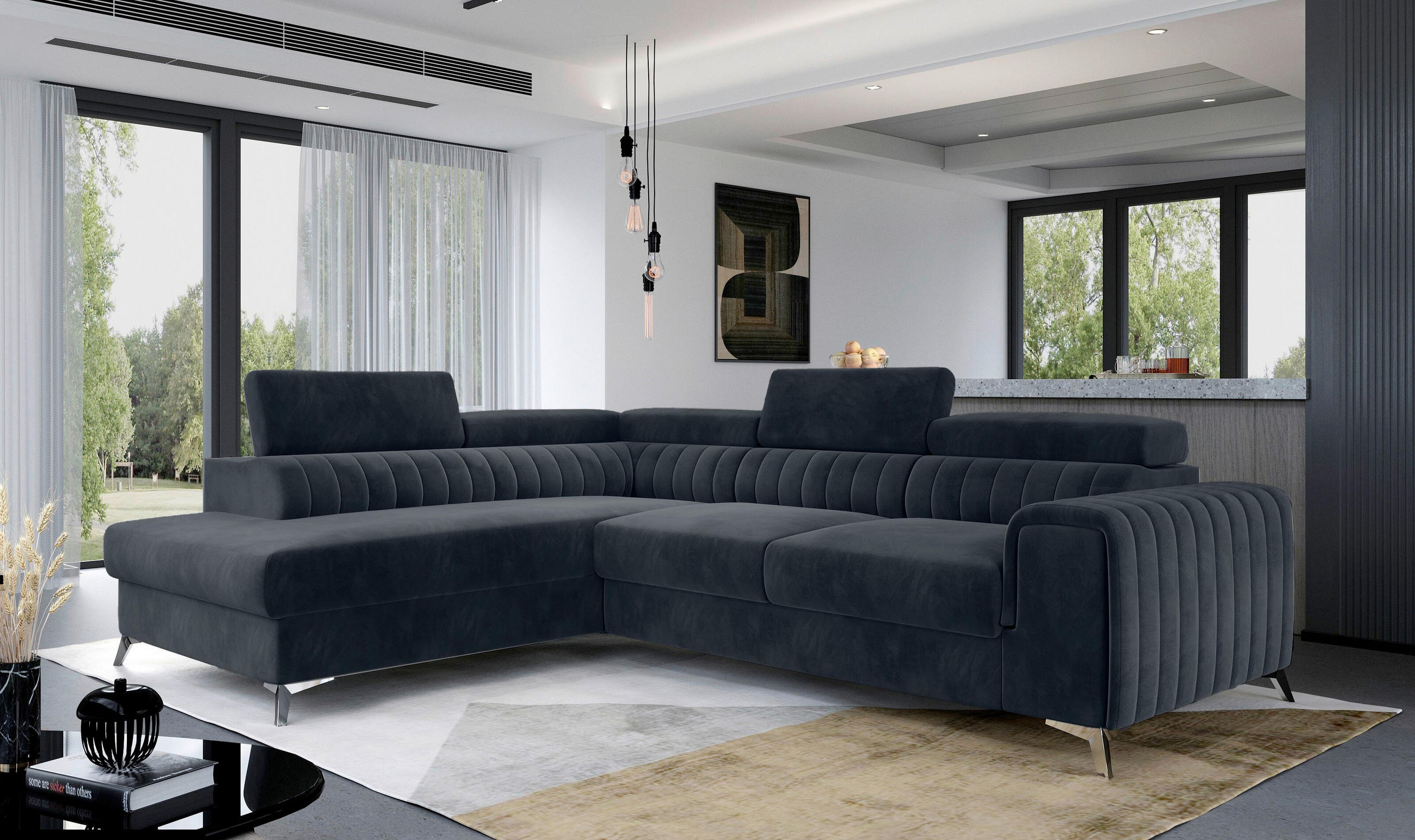 ECKSOFA in Plüsch Dunkelgrau  205/278 cm  - Dunkelgrau/Silberfarben, Design, Textil/Metall (205/278cm) - MID.YOU