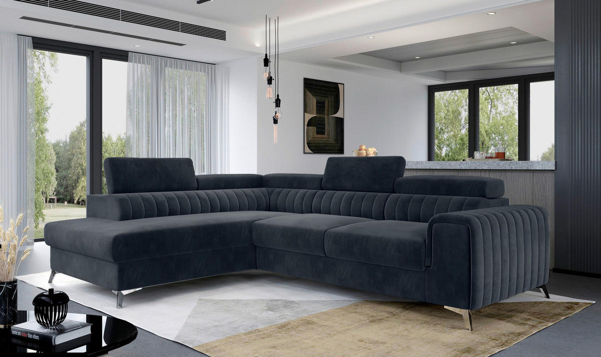 ECKSOFA in Plüsch Dunkelgrau  205/278 cm  - Dunkelgrau/Silberfarben, Design, Textil/Metall (205/278cm) - MID.YOU