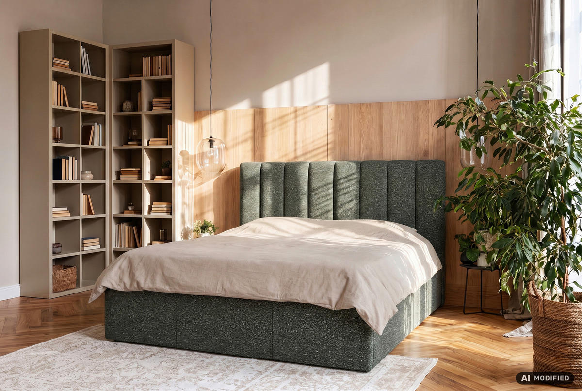 POLSTERBETT 140/200 cm,  in Dunkelgrün, Matratze, Lattenrost, Bettkasten, H3 + H4 = fest + sehr fest  - Dunkelgrün, Trend, Holz/Textil (140/200cm) - Boxxx