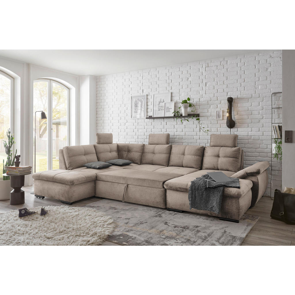 Thumbnail - Carryhome Wohnlandschaft, Creme, Textil, 7-Sitzer, Füllung: Schaumstoffflocken, Ottomane links, U-Form, 334x217 cm, Type...