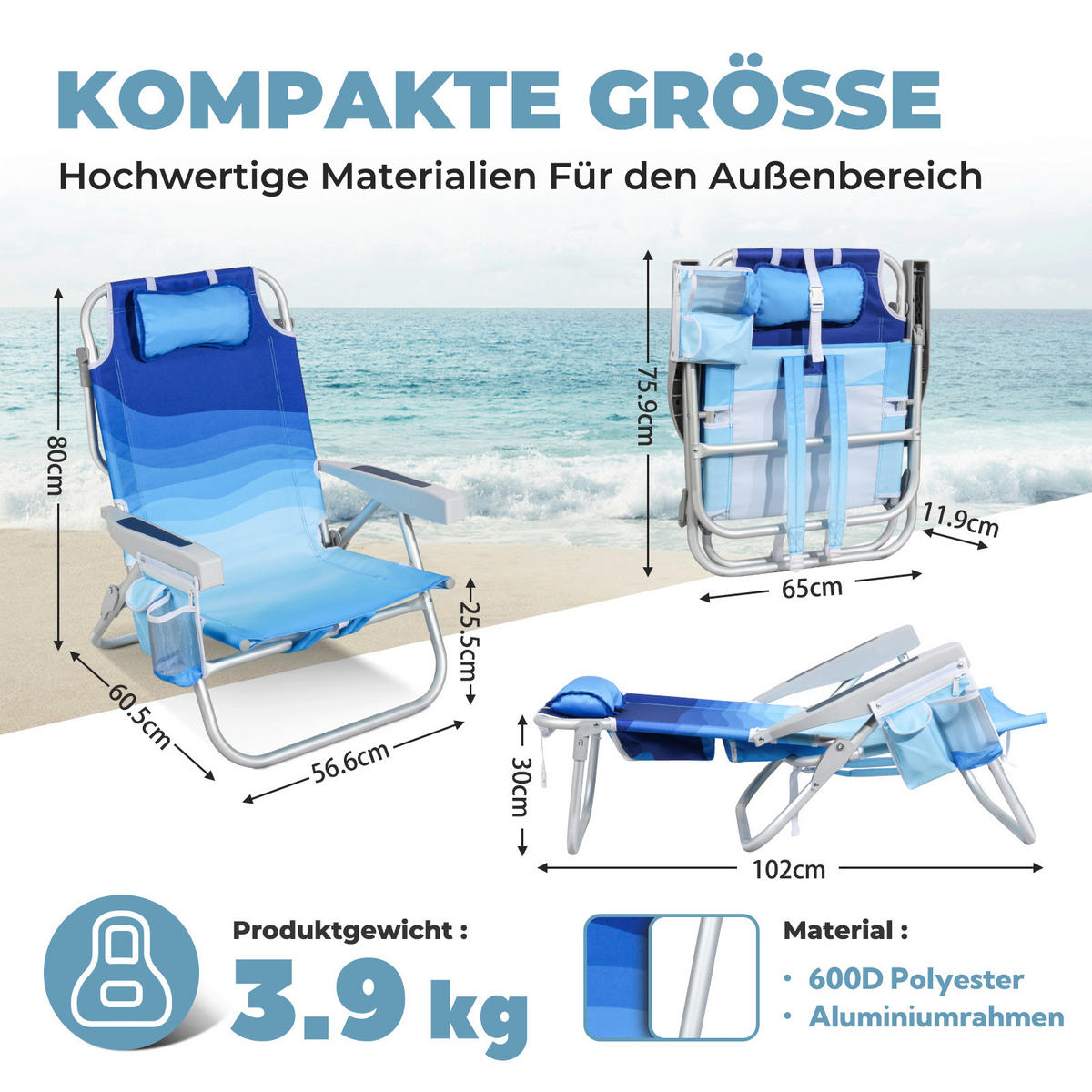 STRANDSTUHL Aluminium Blau, Hellblau  - Blau/Hellblau, Basics, Textil/Metall (57/80/61cm) - Modante