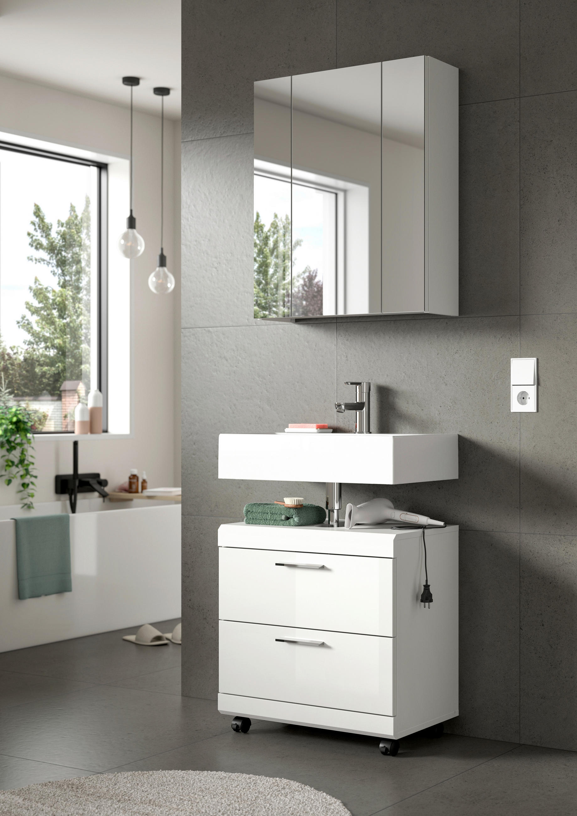 BADEZIMMER 2-teilig  in 60 cm  - Weiß Hochglanz/Silberfarben, Trend, Glas/Holzwerkstoff (60cm) - MID.YOU