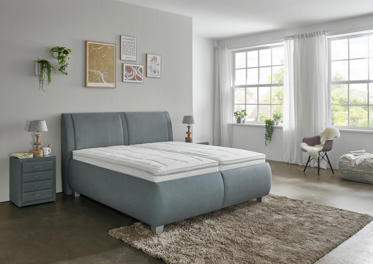 POLSTERBETT 180/200 cm,  in Blaugrau, Matratze, Lattenrost, Bettkasten, unterschiedliche Matratzenhärtegrade je Bettseite, H2 + H2 = mittel  - Silberfarben/Blaugrau, Design, Holzwerkstoff/Kunststoff (180/200cm) - Beldomo - Sleep