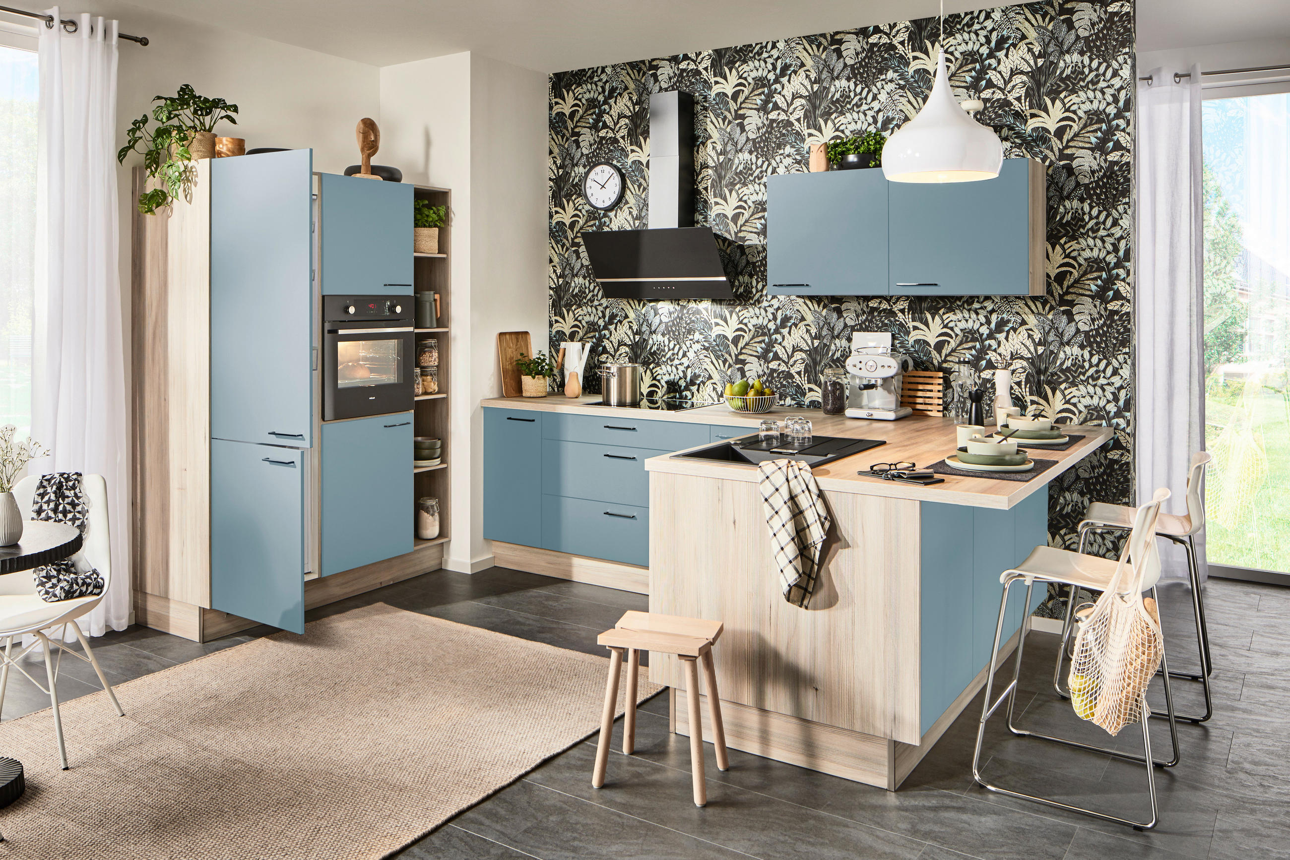 ECKKÜCHE  in Hellbraun, Pastellblau  - Hellbraun/Pastellblau, Design, Holzwerkstoff/Metall (150/280/192cm) - Xora