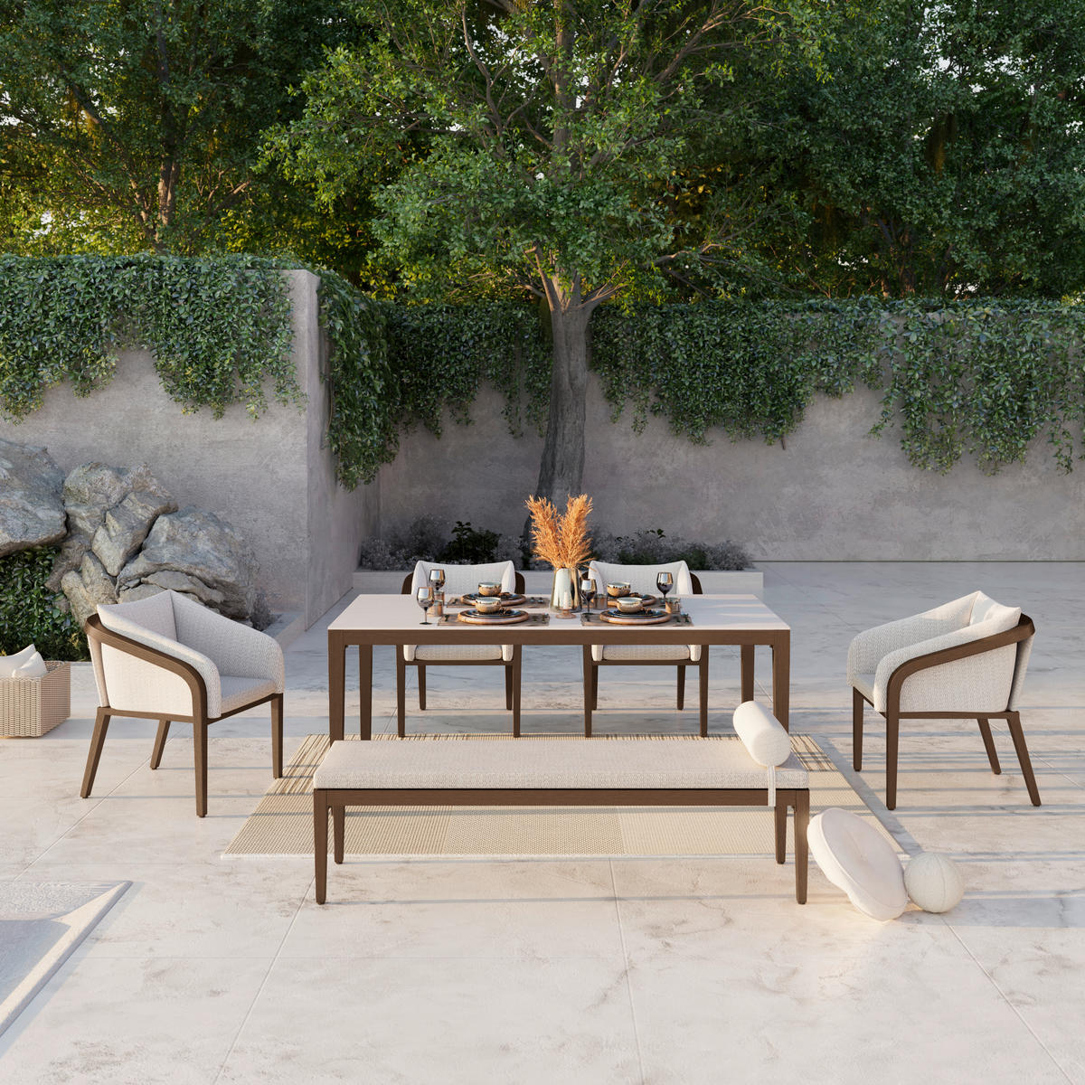 VRTNA GARNITURA   aluminij  bež, barva tikovine  bež, barva tikovine    - barva tikovine/bež, Moderno, kamen/kovina - Ambia Garden