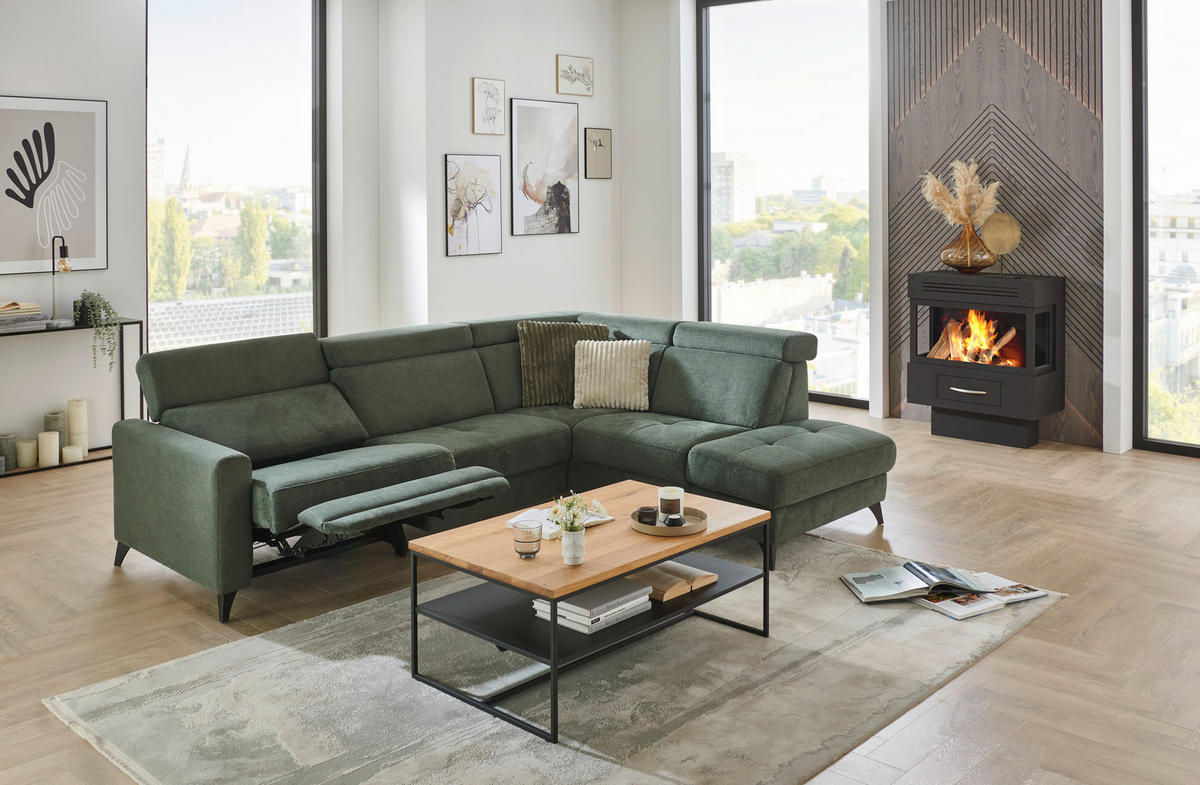 ECKSOFA Beldomo System Dunkelgrün Flachgewebe Kopfteilverstellung  - Dunkelgrün/Schwarz, KONVENTIONELL, Textil/Metall (276/214cm) - Beldomo System