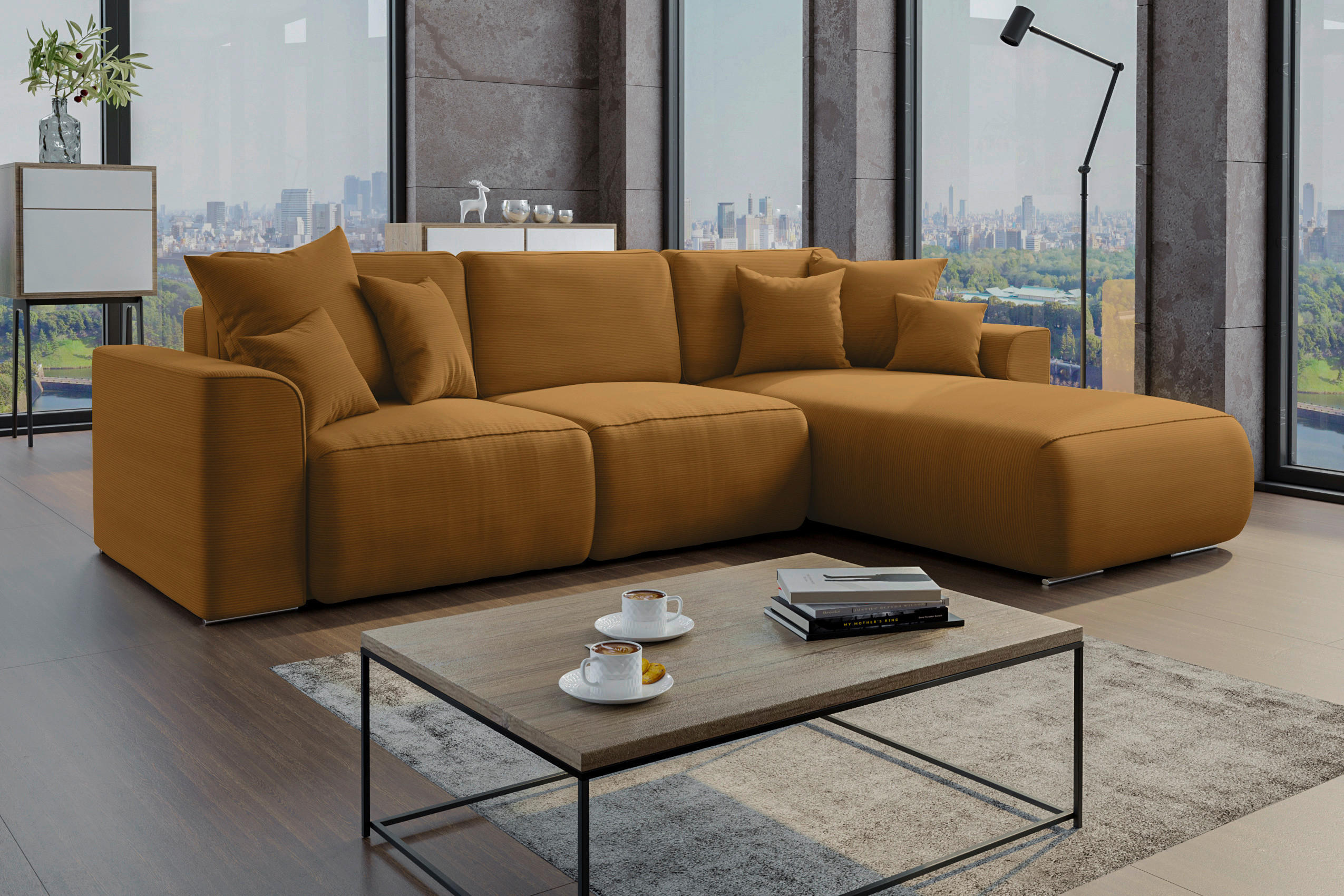 ECKSOFA in Cord Rostfarben  - Chromfarben/Rostfarben, Konventionell, Kunststoff/Textil (293/195cm) - MID.YOU