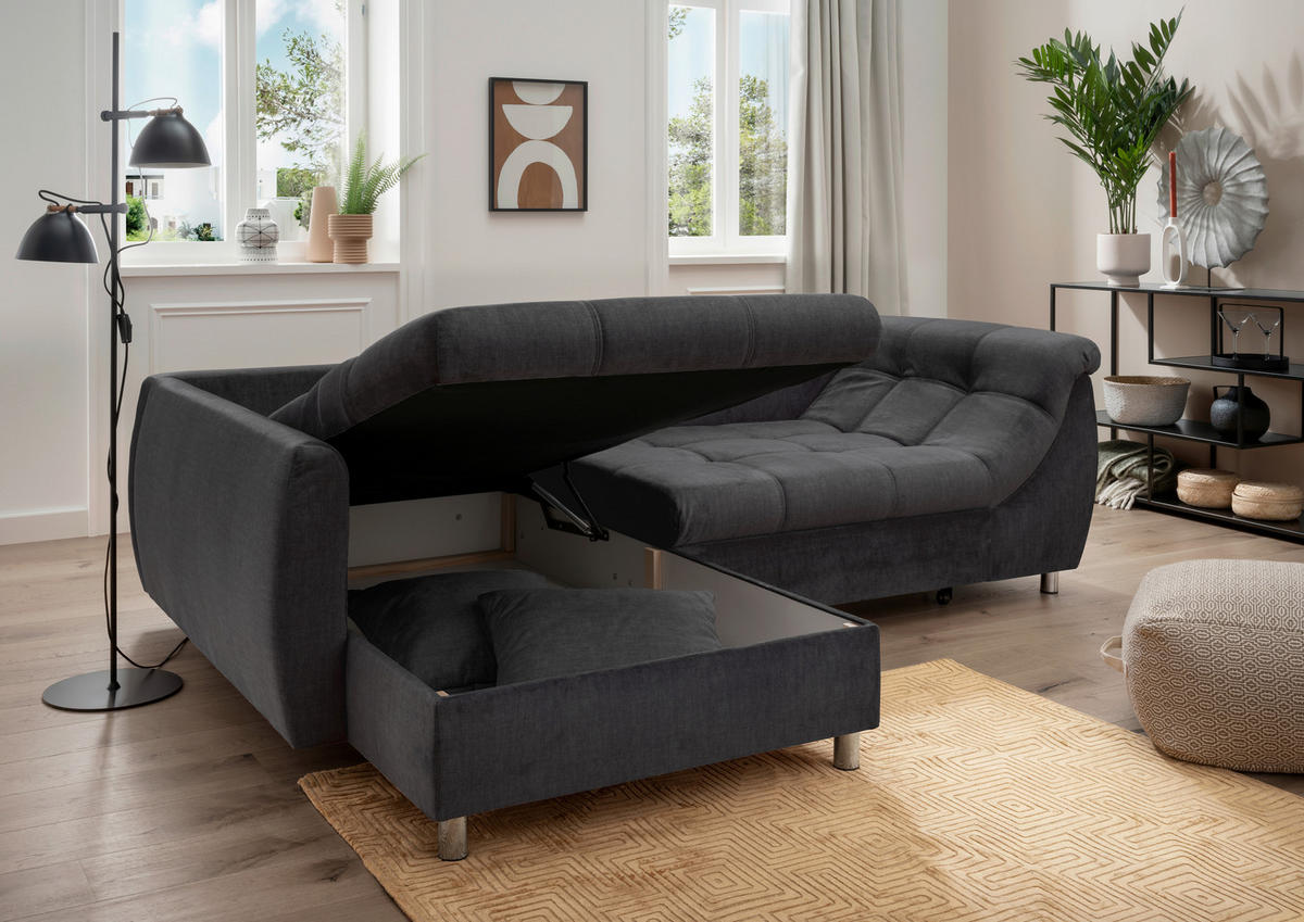 ECKSCHLAFSOFA  mit Liegefunktion, seitenverkehrt erhältlich Mikrofaser Schwarz  - Chromfarben/Schwarz, MODERN, Textil/Metall (190/250cm) - Livetastic