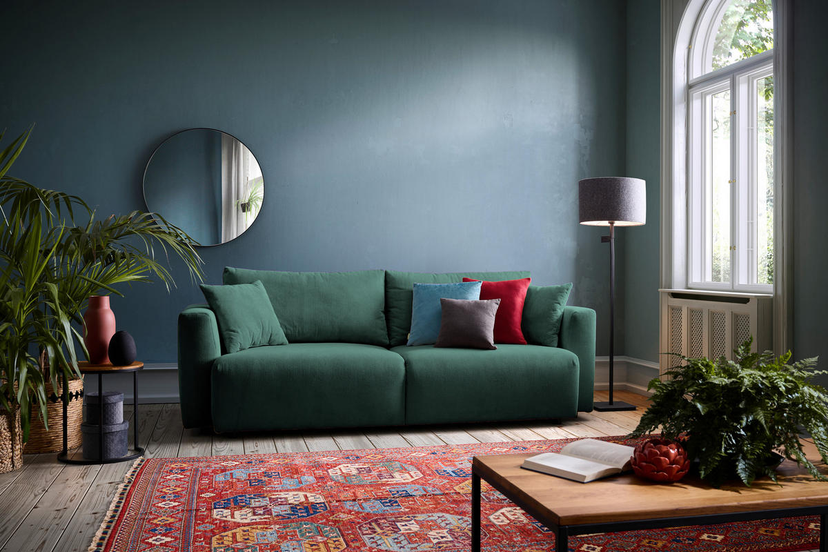 SCHLAFSOFA  mit Stoffauswahl, Schlafen auf Sitzhöhe, Rücken echt Cord Dunkelgrün  - Dunkelgrün/Schwarz, Design, Kunststoff/Textil (250/92/105cm) - Carryhome