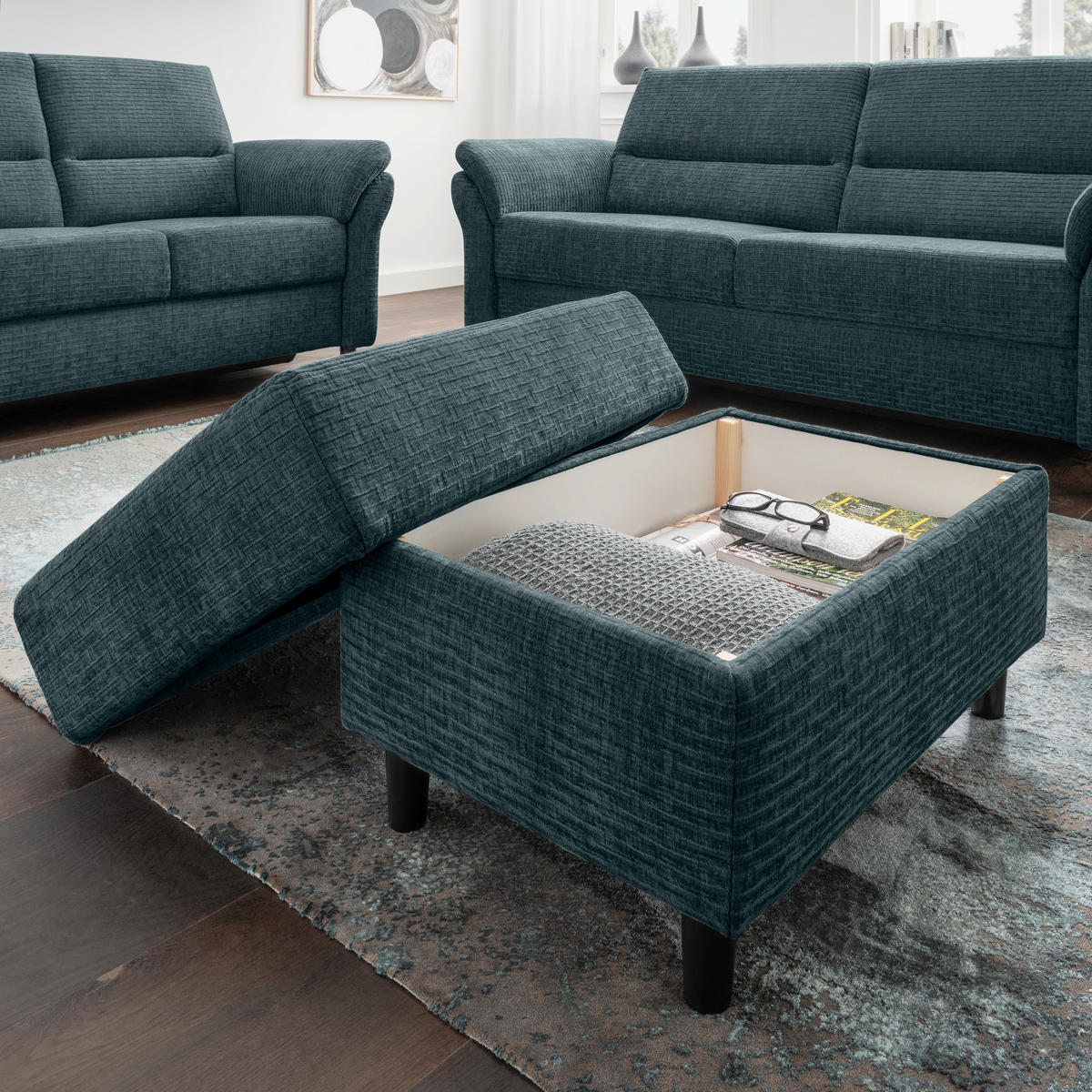 HOCKER in Textil Blau  - Blau/Schwarz, MODERN, Holz/Textil (76/46/55cm) - Livetastic