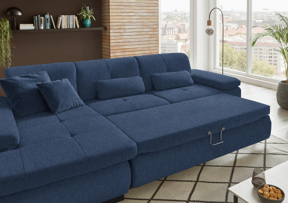 ECKSOFA in Flachgewebe Dunkelblau  174/297 cm  - Schwarz/Dunkelblau, Design, Textil/Metall (174/297cm) - Beldomo Style