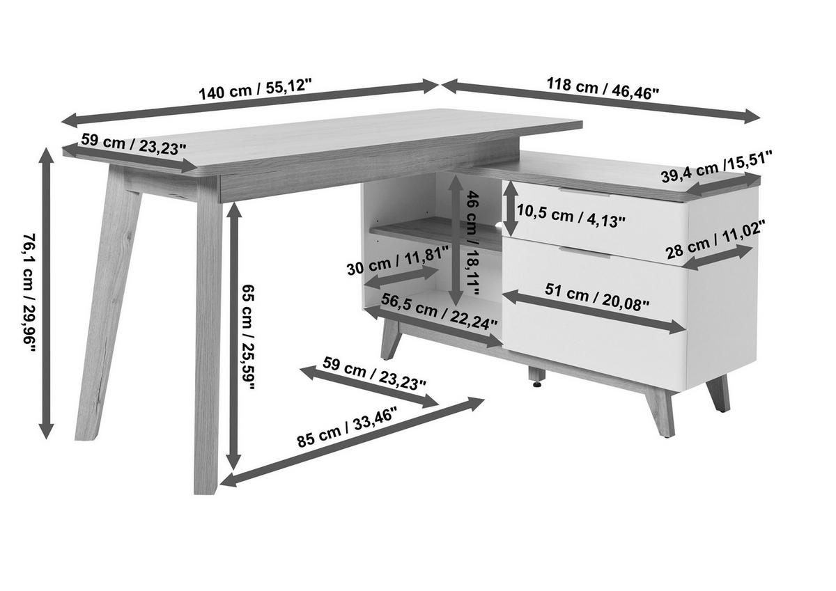 ECKSCHREIBTISCH 140/118/76 cm  in Weiß, Eichefarben  - Eichefarben/Alufarben, KONVENTIONELL, Holzwerkstoff/Metall (140/118/76cm) - Livetastic