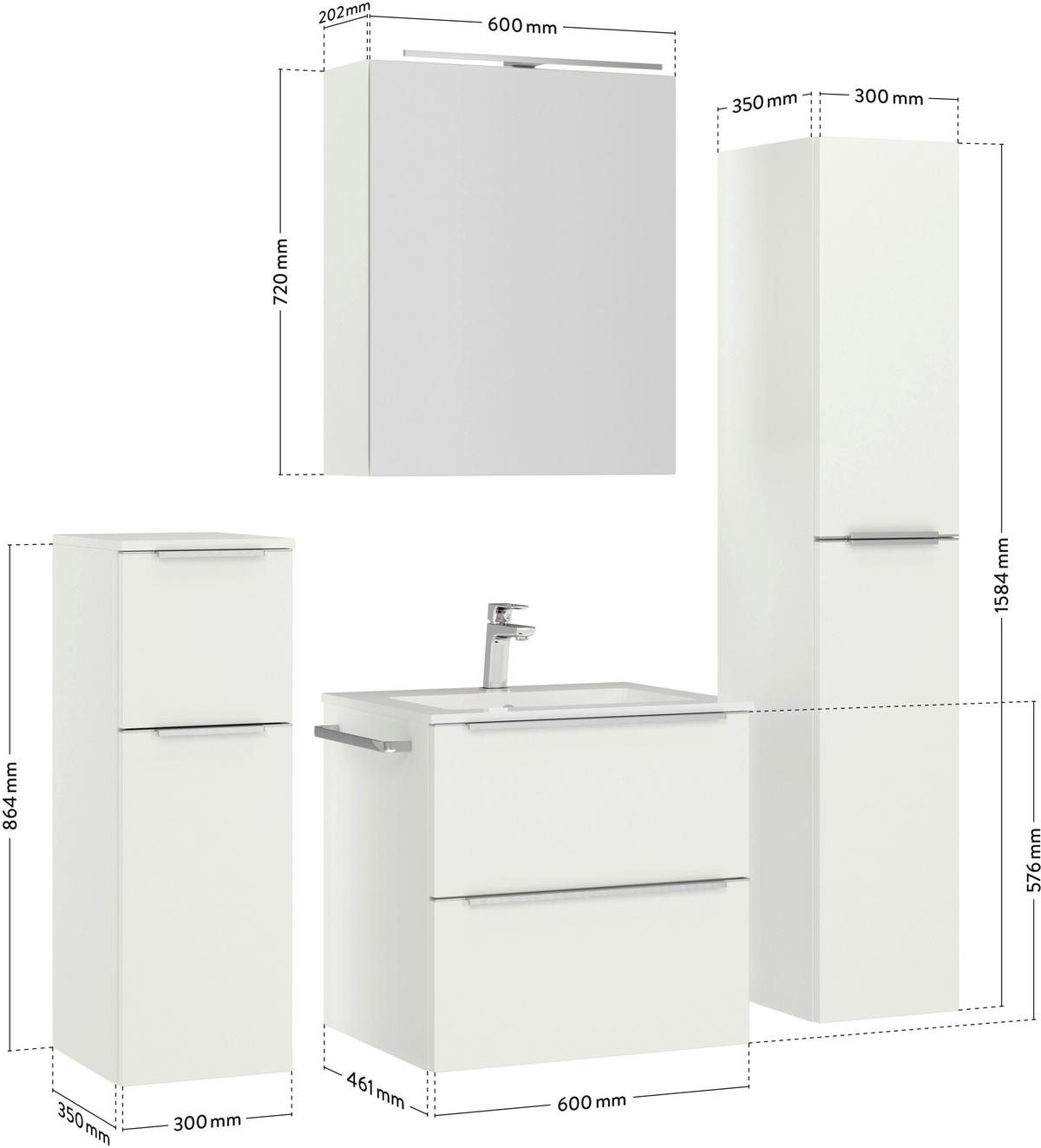 BADEZIMMER 5-teilig  in 121 cm  - Edelstahlfarben/Weiß, MODERN, Holzwerkstoff/Stein (121cm) - Nobilia