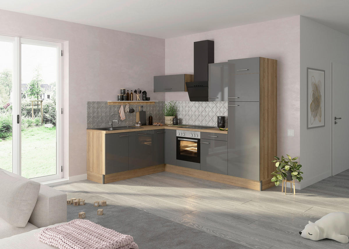 ECKKÜCHE 200/270 cm  in Anthrazit, Eichefarben  - Edelstahlfarben/Eichefarben, Basics, Holzwerkstoff/Metall (200/270cm) - Optifit