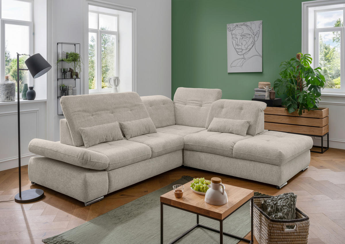 ECKSOFA in Chenille Beige  - Chromfarben/Beige, Design, Textil/Metall (280/254cm) - Livetastic