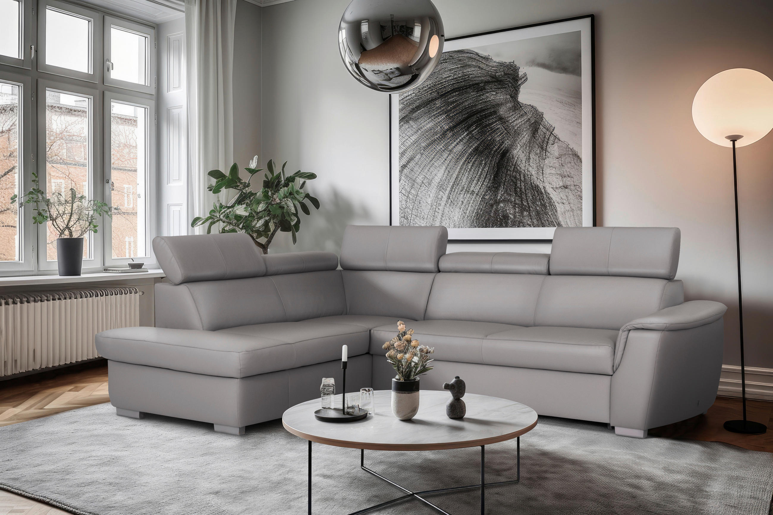 SJEDEĆA GARNITURA koža  siva   - siva, koža/metal (211/262cm) - Celina Home