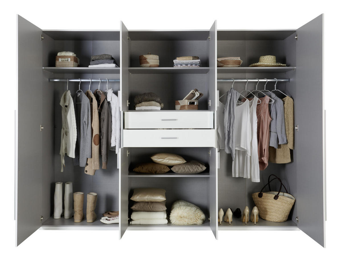KLEIDERSCHRANK 270/208/58 cm 8-türig Weiß  - Alufarben/Weiß, KONVENTIONELL, Glas/Holzwerkstoff (270/208/58cm) - Carryhome