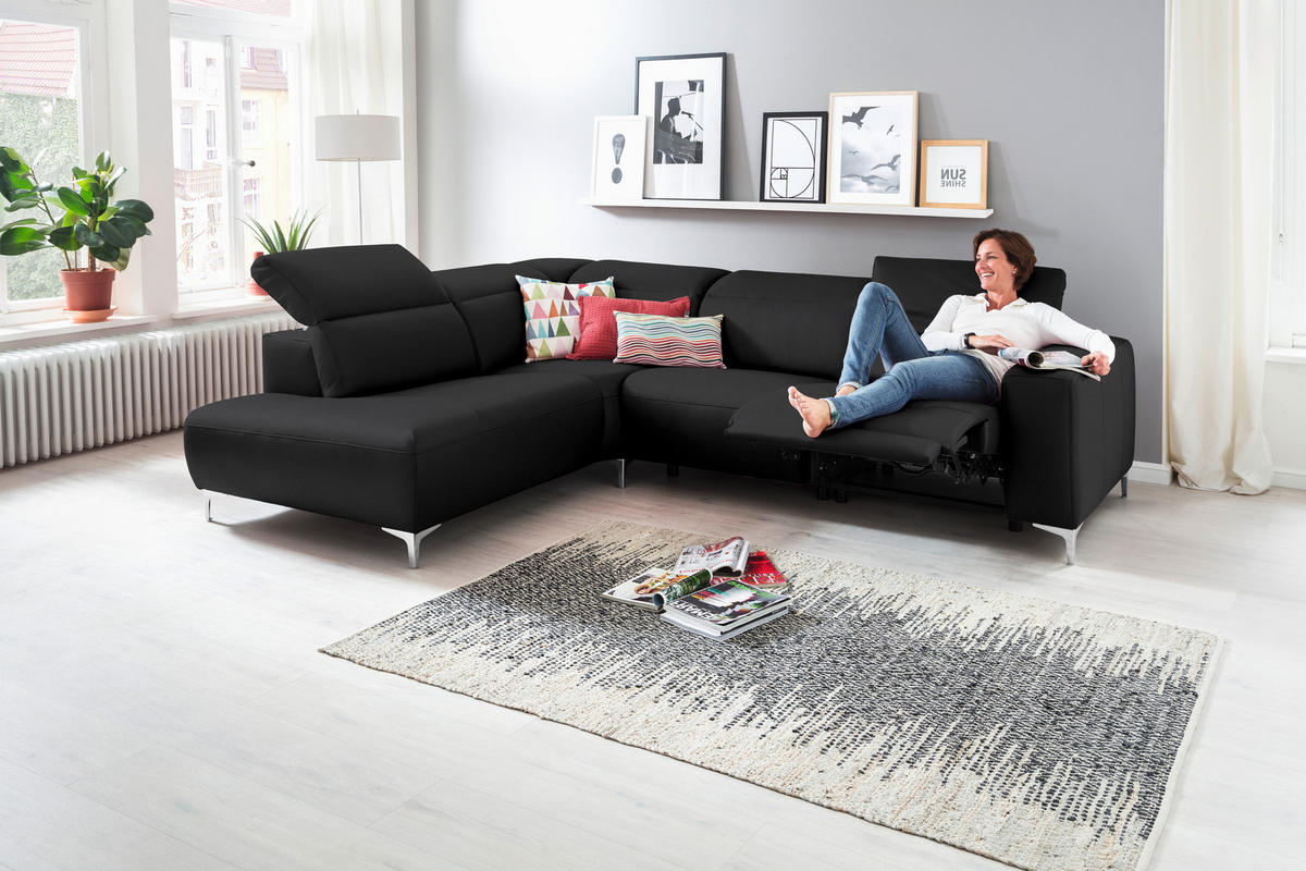ECKSOFA in Echtleder Schwarz  - Chromfarben/Schwarz, Design, Leder/Metall (223/290cm) - Pure Home Lifestyle