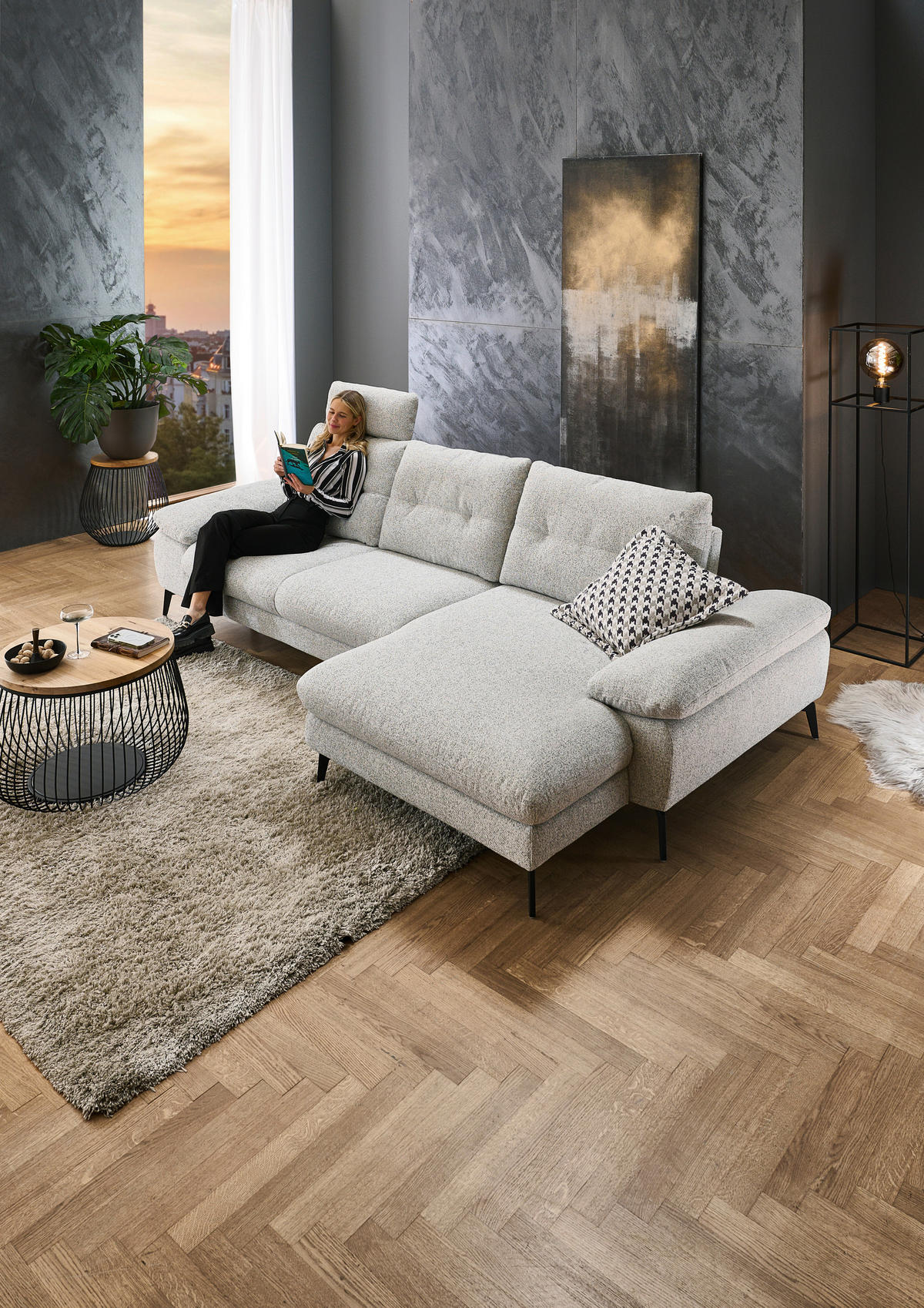 ECKSOFA Hellgrau Flachgewebe  - Hellgrau/Schwarz, Design, Textil/Metall (303/168cm) - Valdera