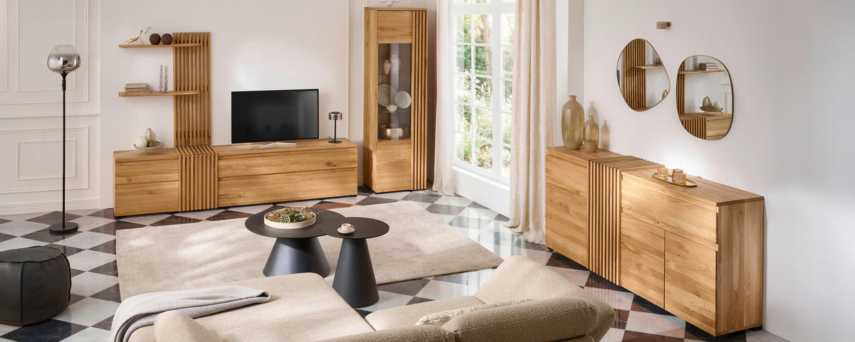 WOHNWAND  in Eichefarben  248,8/175,3/44 cm  - Eichefarben/Schwarz, Natur, Holz (248,8/175,3/44cm) - Linea Natura