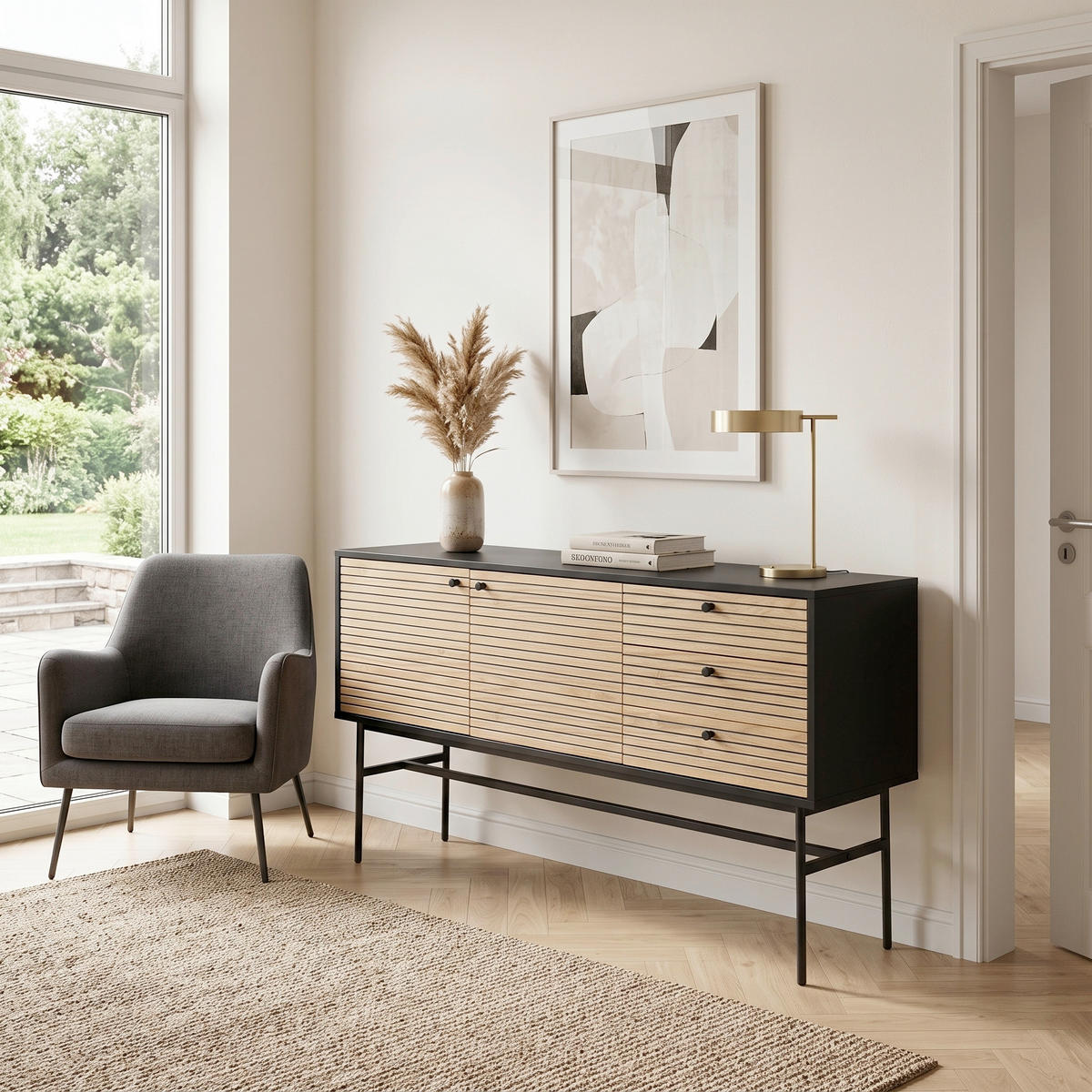 KOMODA   160/85/40 cm   crna, boje hrasta  - boje hrasta/crna, Design, drvni materijal/drvo (160/85/40cm) - Livetastic
