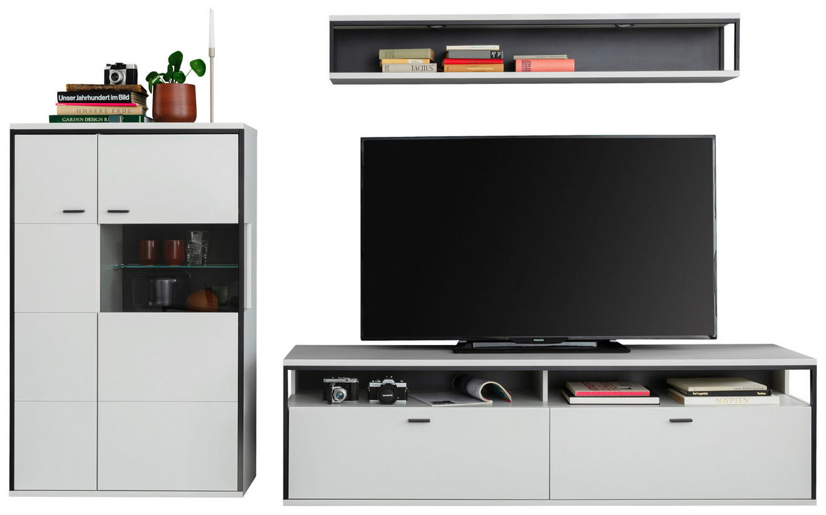 WOHNWAND  in Schwarz, Weiß  278/199/51 cm  - Schwarz/Weiß, Design, Glas/Holzwerkstoff (278/199/51cm) - Stylife