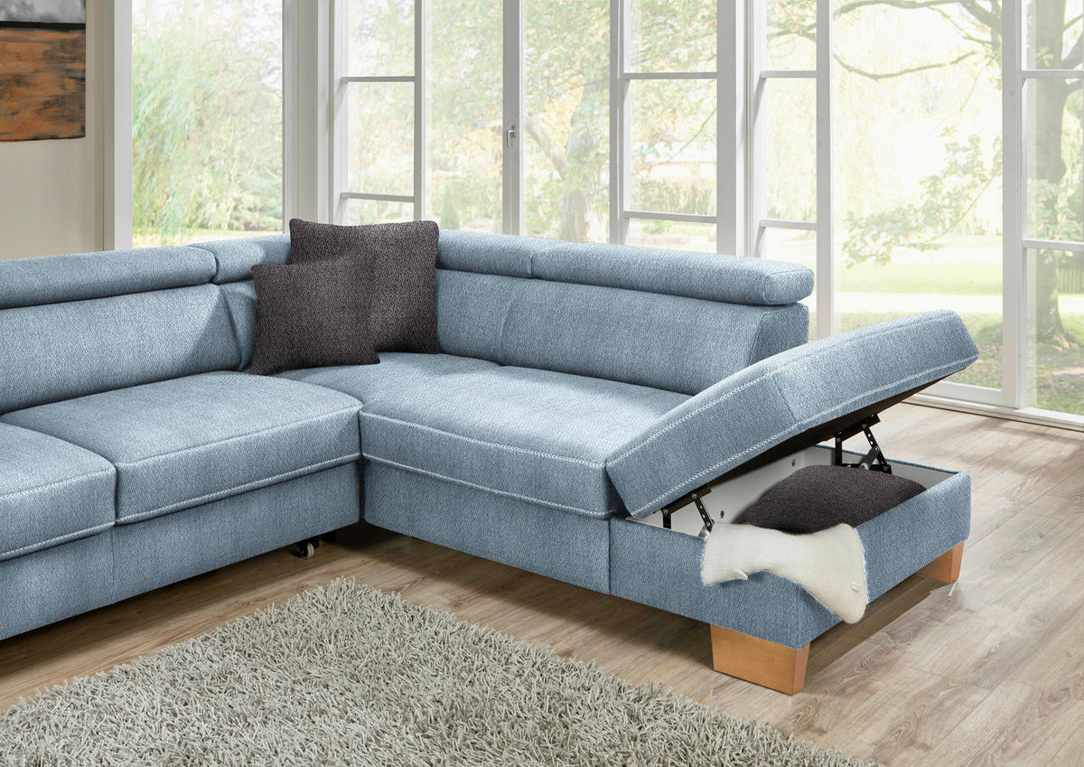 ECKSOFA in Mikrofaser Blau  226/273 cm  - Blau/Eichefarben, Natur, Holz/Textil (226/273cm) - Beldomo System