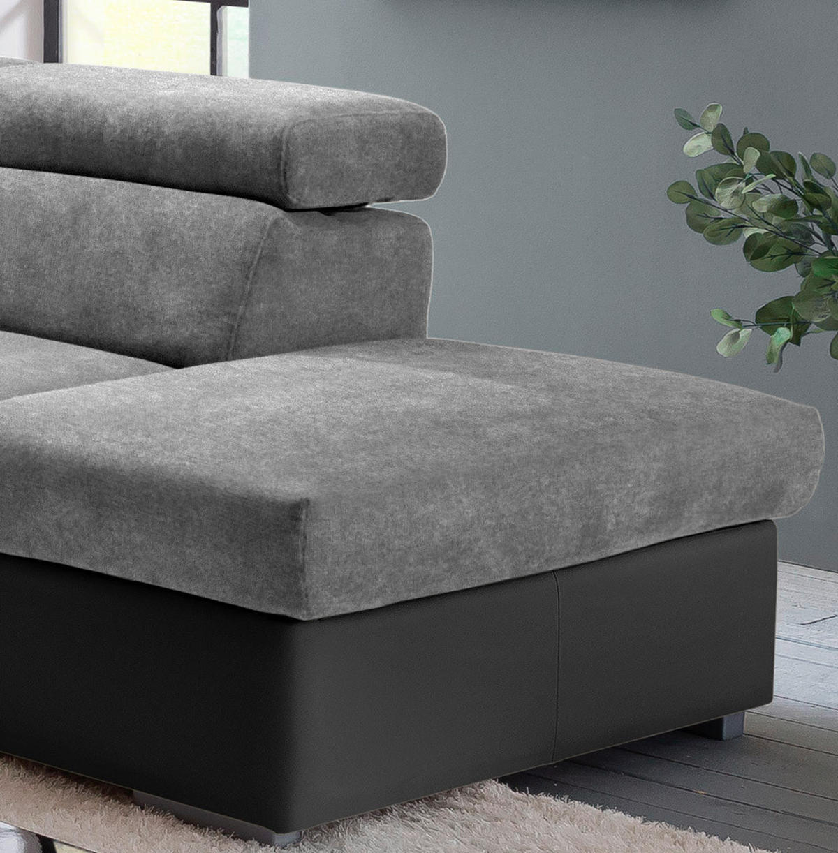 ECKSOFA Grau, Schwarz Lederlook, Flachgewebe  - Schwarz/Grau, Basics, Holz/Textil (252/217cm) - MID.YOU