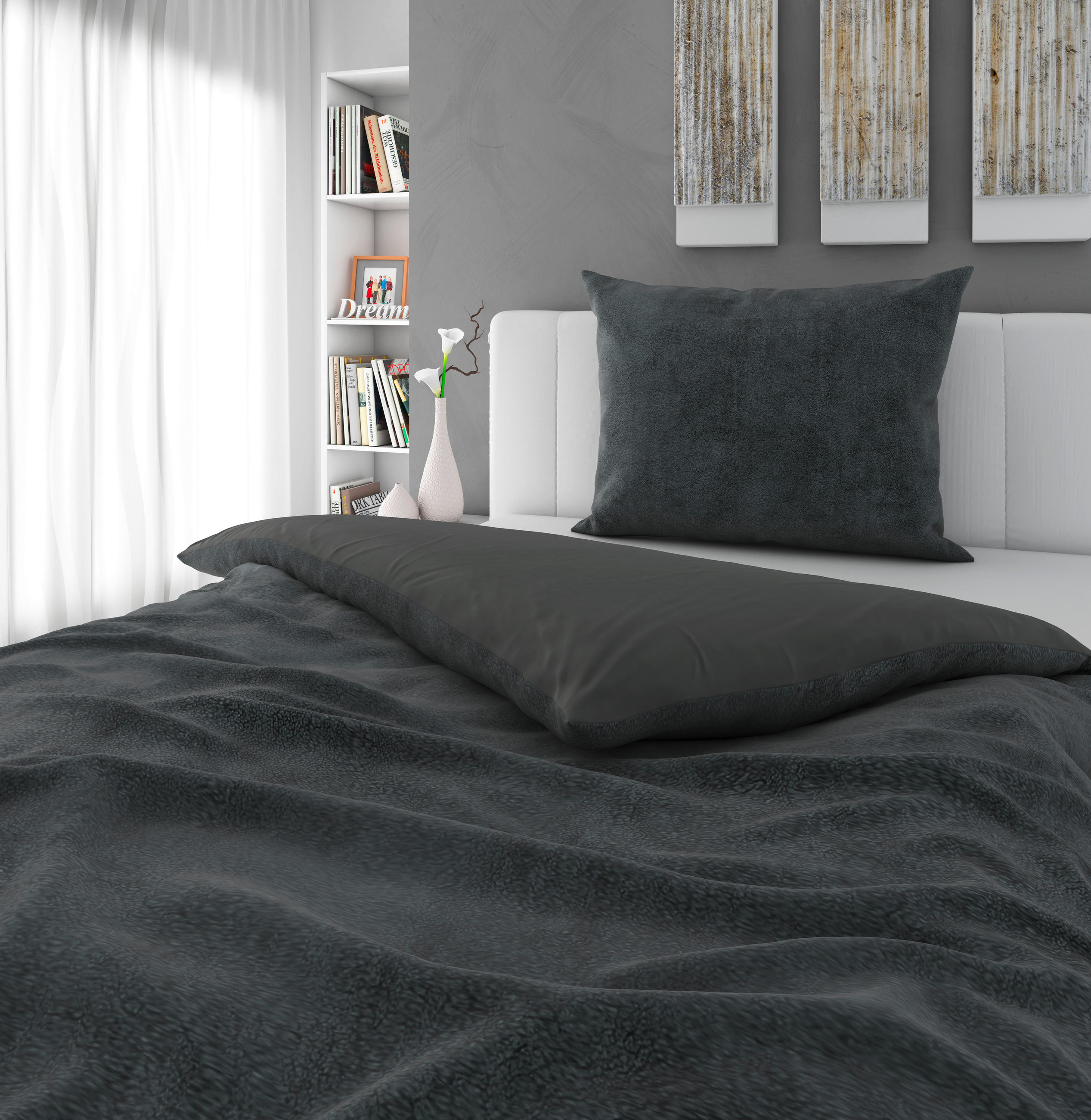 BETTWÄSCHESET Samt, Teddystoff 160/210 cm  100 cm/65 cm  - Anthrazit, Design, Textil (160/210cm) - Novel