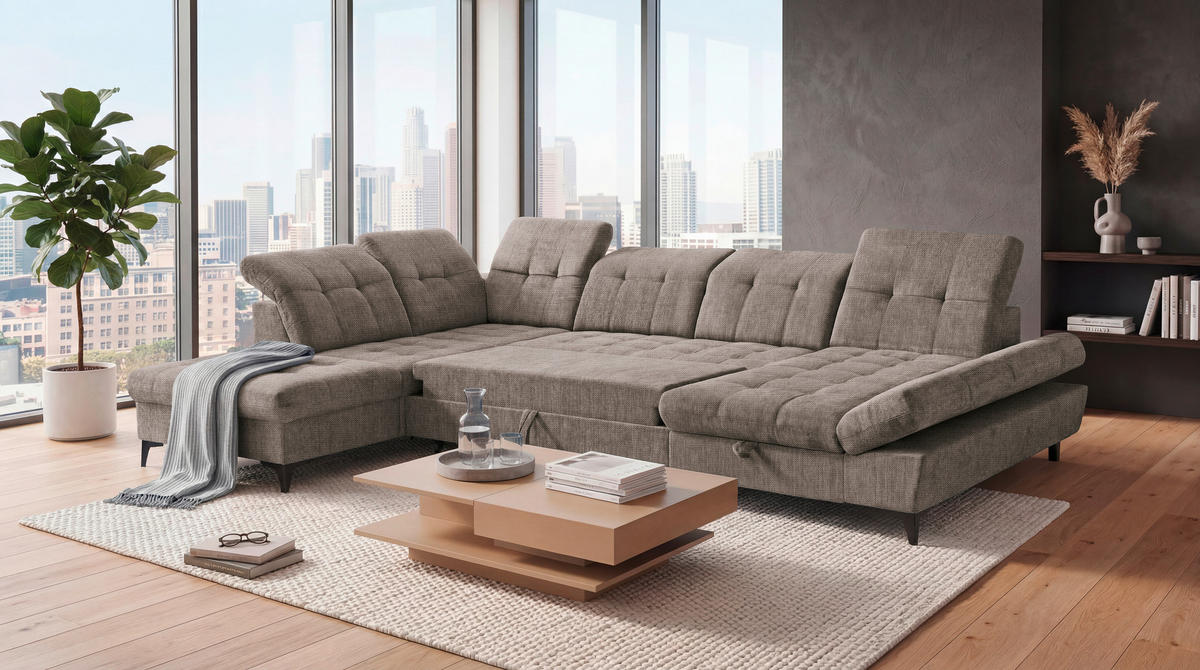 WOHNLANDSCHAFT Mikrovelours Braun  - Schwarz/Braun, Modern, Kunststoff/Textil (245/348/168cm) - MID.YOU