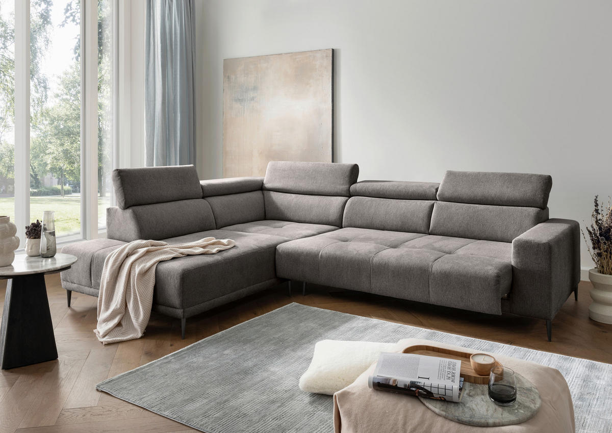 ECKSOFA INTERA in Chenille Graubraun  225/305 cm  - Graubraun/Schwarz, KONVENTIONELL, Textil/Metall (225/305cm) - Livetastic