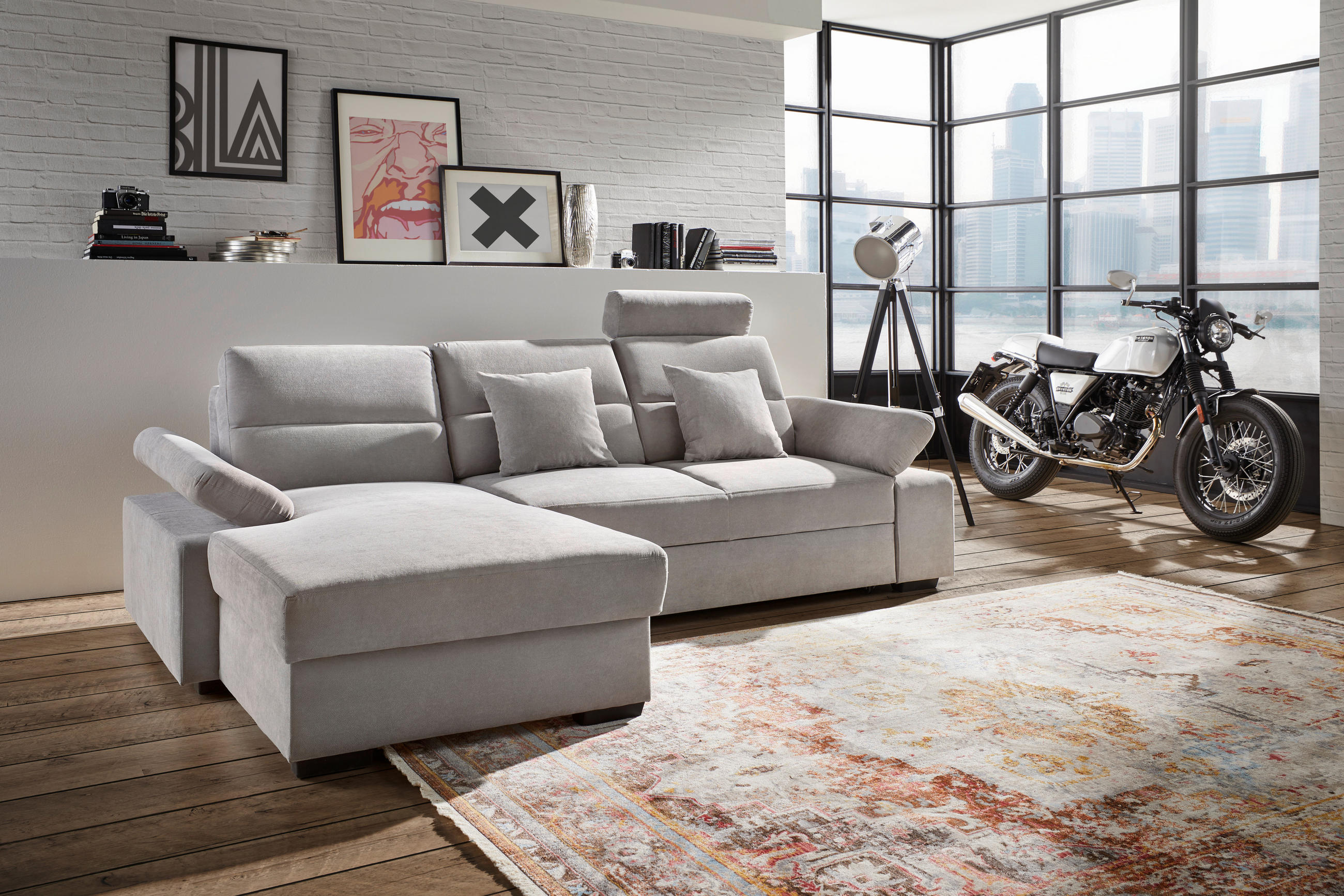 WOHNLANDSCHAFT inkl.Funktionen Hellgrau Flachgewebe - Dunkelbraun/Hellgrau, Design, Kunststoff/Textil (166/258cm) - Cantus