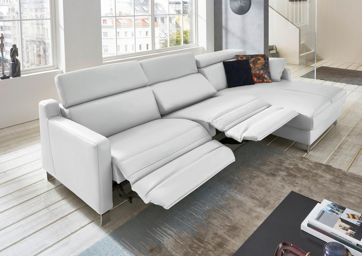 CANAPÉ D'ANGLE cuir véritable blanc  - couleur chromée/blanc, Design, cuir/métal (291/176cm) - Valdera