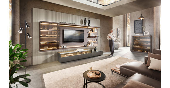 WOHNWAND  in Grau, Eiche dunkel  349,2/182/46 cm  - Eiche dunkel/Grau, Design, Glas/Holz (349,2/182/46cm) - Belluti