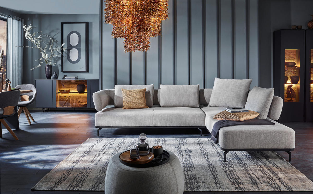 ECKSOFA Hellgrau Flachgewebe  - Hellgrau/Schwarz, Design, Textil/Metall (302/237cm) - Dieter Knoll