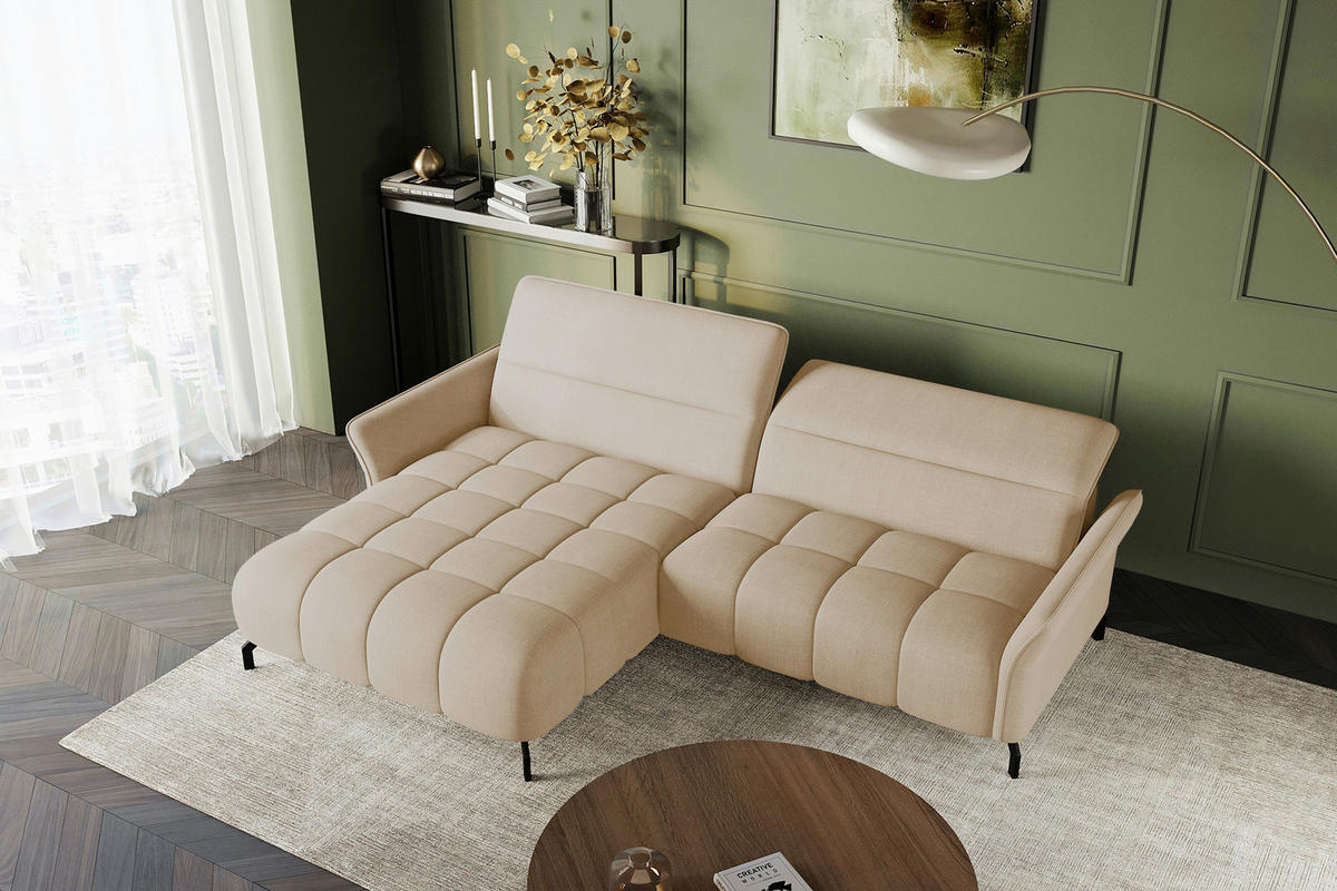 ECKSOFA Beige Flachgewebe Rücken echt, Kopfteilverstellung, Sitztiefenverstellung  - Beige/Schwarz, KONVENTIONELL, Textil/Metall (175/272cm) - Carryhome