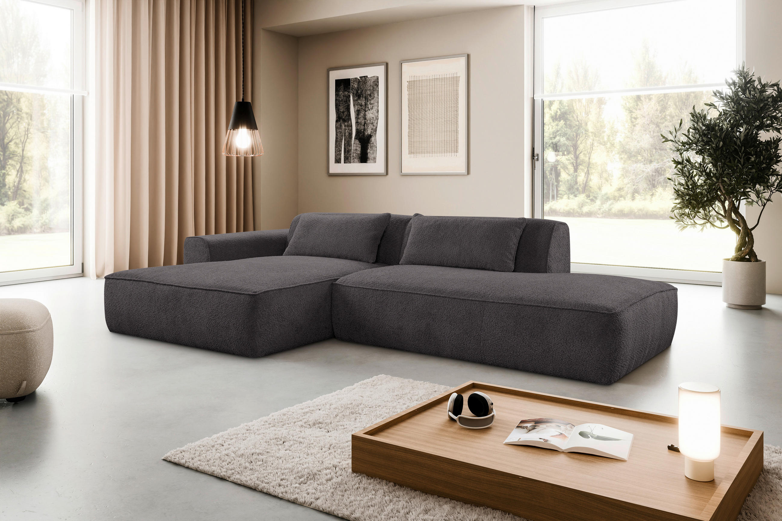 ECKSOFA Cord Graphitfarben  - Graphitfarben/Schwarz, Konventionell, Holzwerkstoff/Kunststoff (294/165cm) - Livetastic