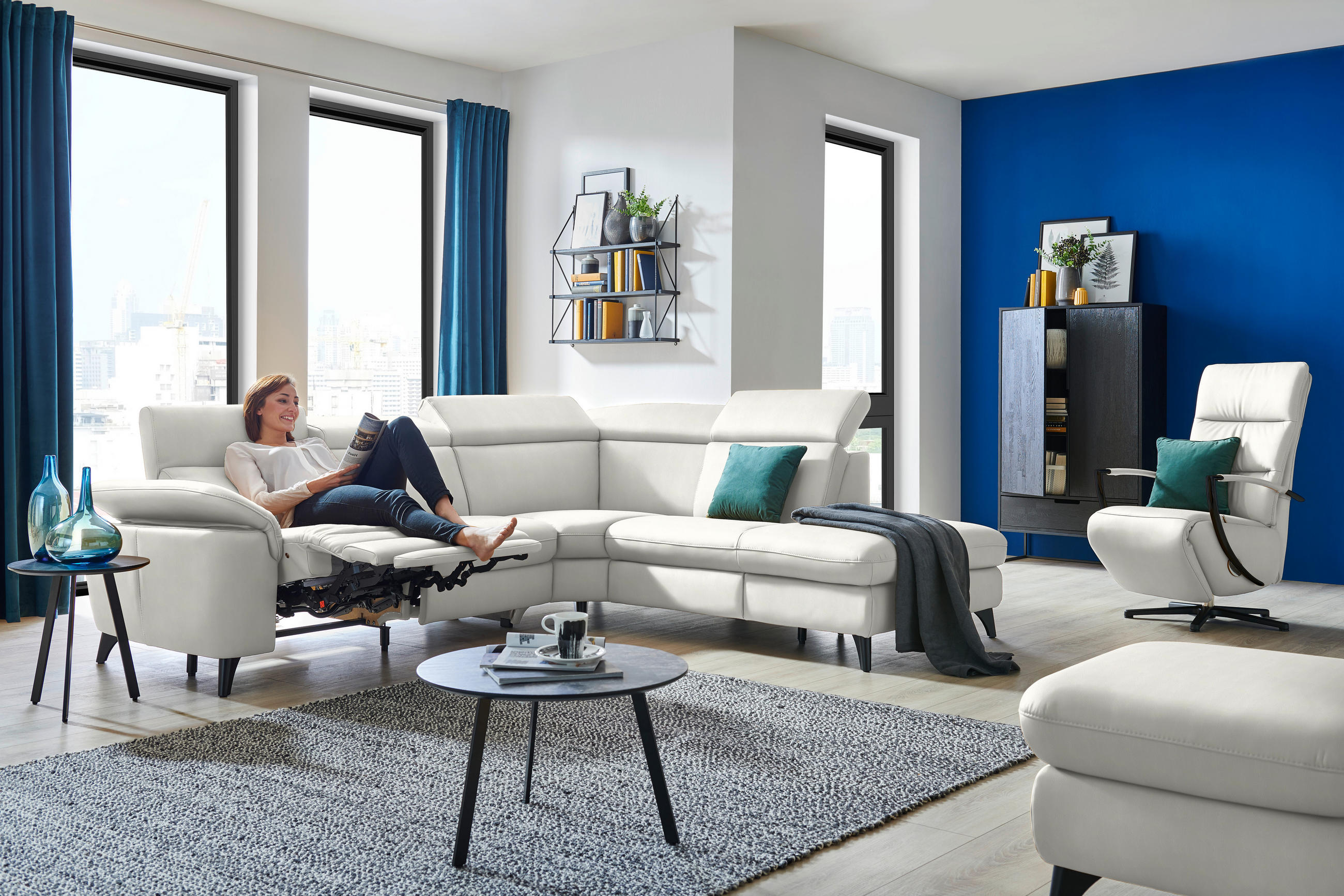 ECKSOFA in Echtleder Weiss  - Weiss/Schwarz, Design, Leder/Metall (285/239cm) - Cantus