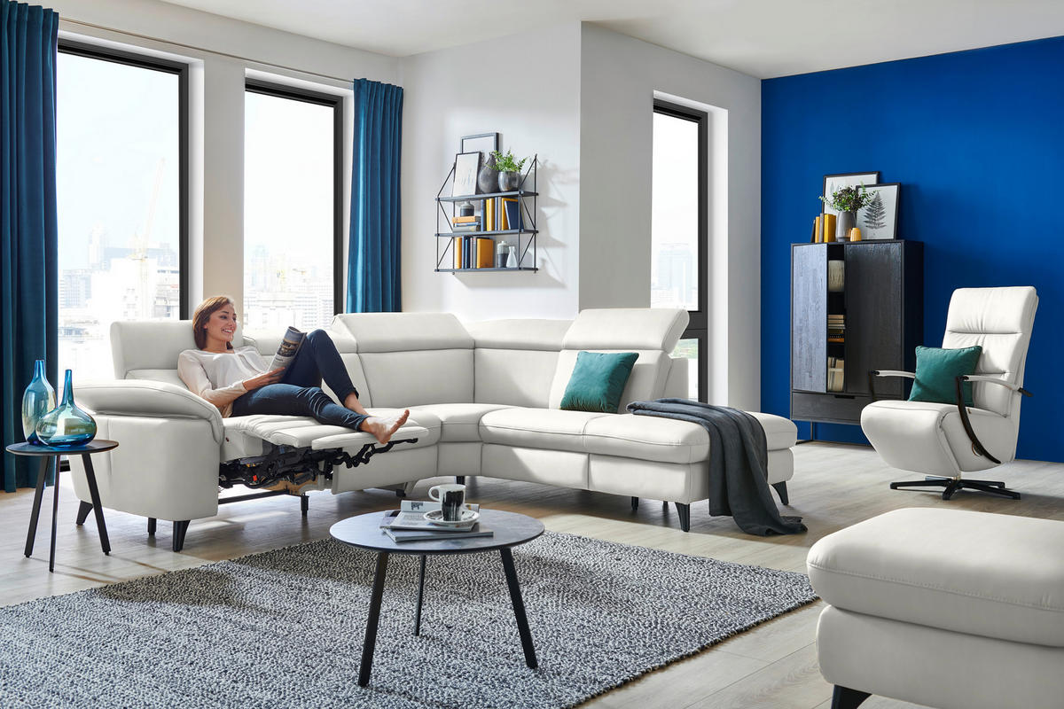 ECKSOFA in Echtleder Weiß  285/239 cm  - Schwarz/Weiß, Design, Leder/Metall (285/239cm) - Cantus