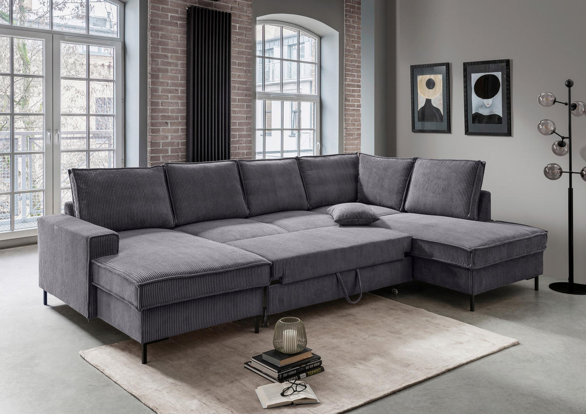 SJEDEĆA GARNITURA tekstil  siva   - siva/crna, Moderno, tekstil/metal (150/309/198cm) - MID.YOU