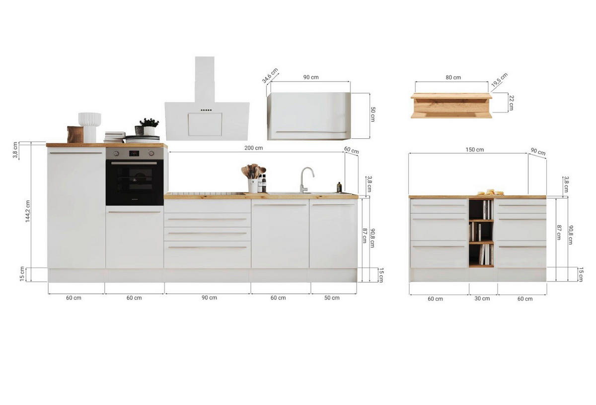 KÜCHENBLOCK 320-150 cm   in Weiß Hochglanz  - Wildeiche/Edelstahlfarben, Design, Holzwerkstoff/Kunststoff (320-150cm) - Respekta