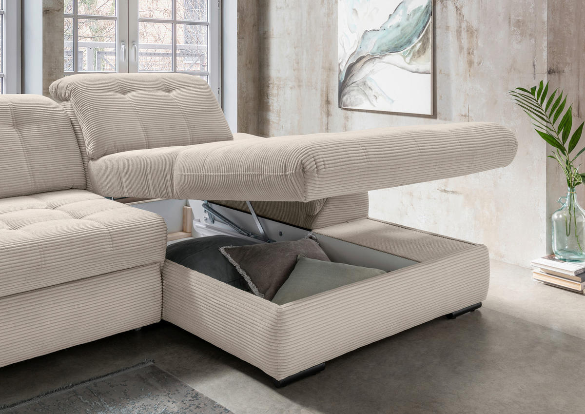 ECKSOFA Beige Cord  - Beige/Schwarz, MODERN, Textil/Metall (314/184cm) - Livetastic